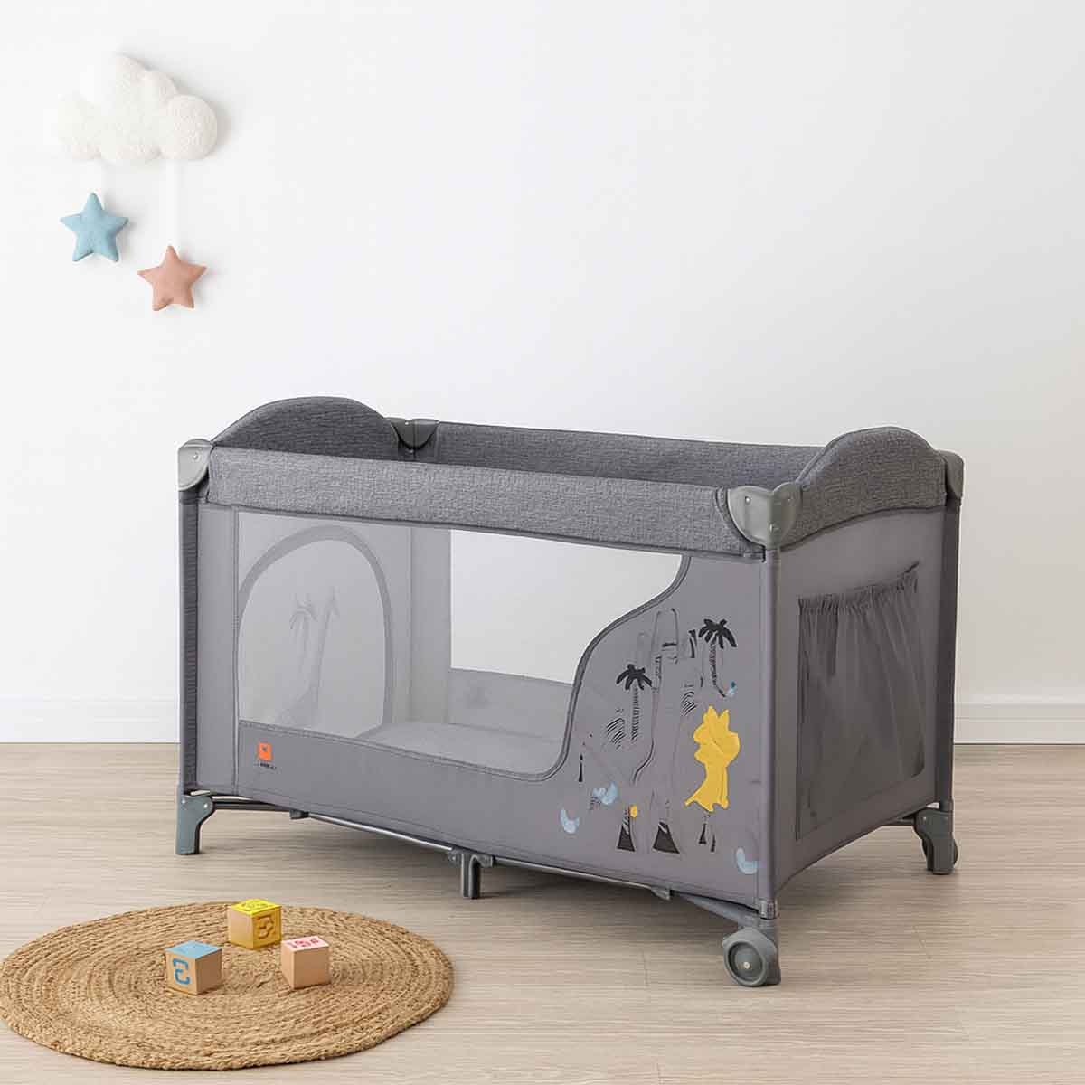 Kikibebe Grey Portable Foldable Convertible Baby Crib/Full-Size Bed Toddler, 0-2 Years