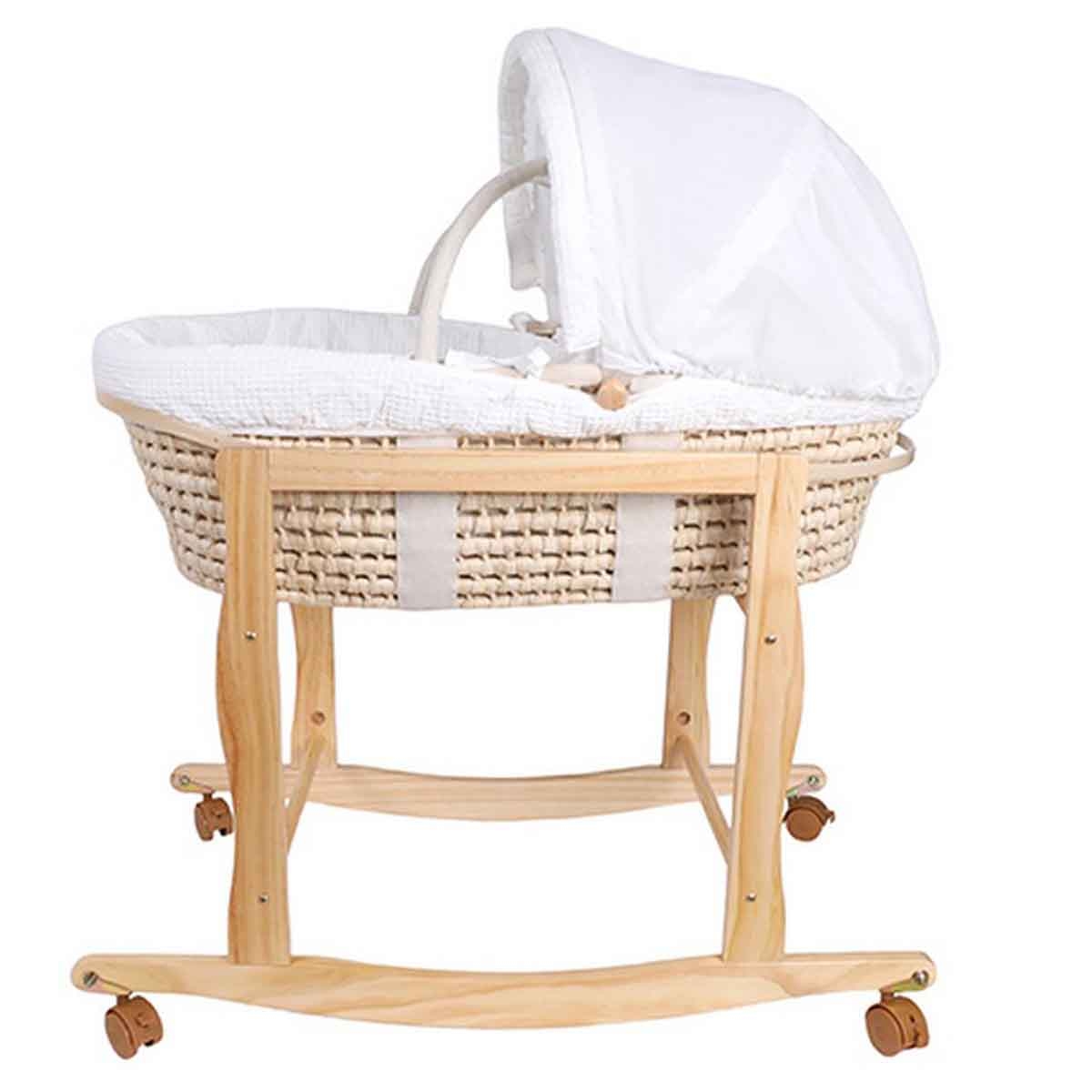 كيكي بيبي سلة موسى خشبية مع قاعدة وعجلات للأطفال من عمر 0-2 سنة