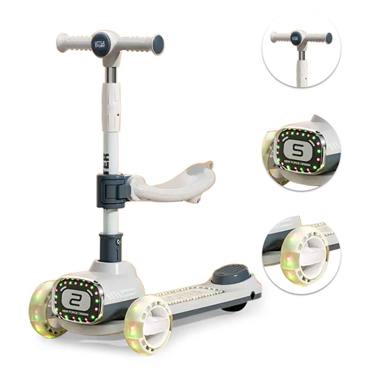 ليتل ستوري سكوتر للأطفال باللون الرمادي مع مقعد للركوب ومقبض دفع