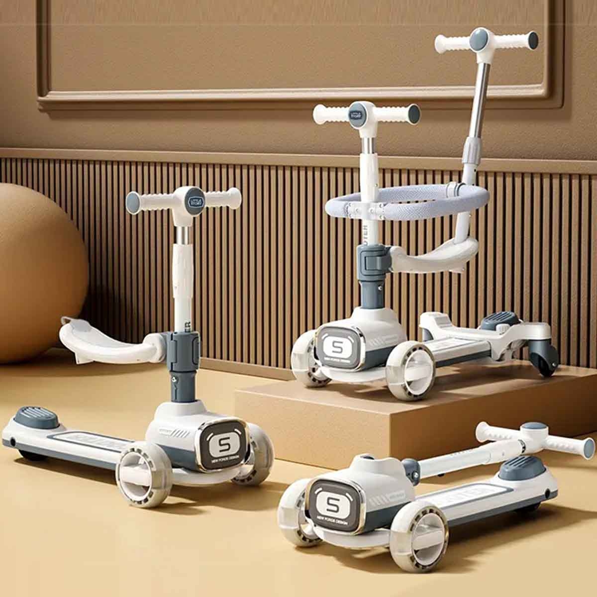 ليتل ستوري سكوتر للأطفال باللون الرمادي مع مقعد للركوب ومقبض دفع