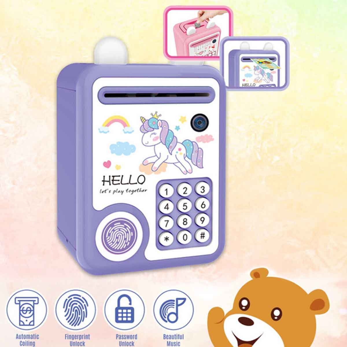 ليتل ستوري حصالة بشكل يونيكورن باللون الأرجواني مع قفل بصمة وموسيقى