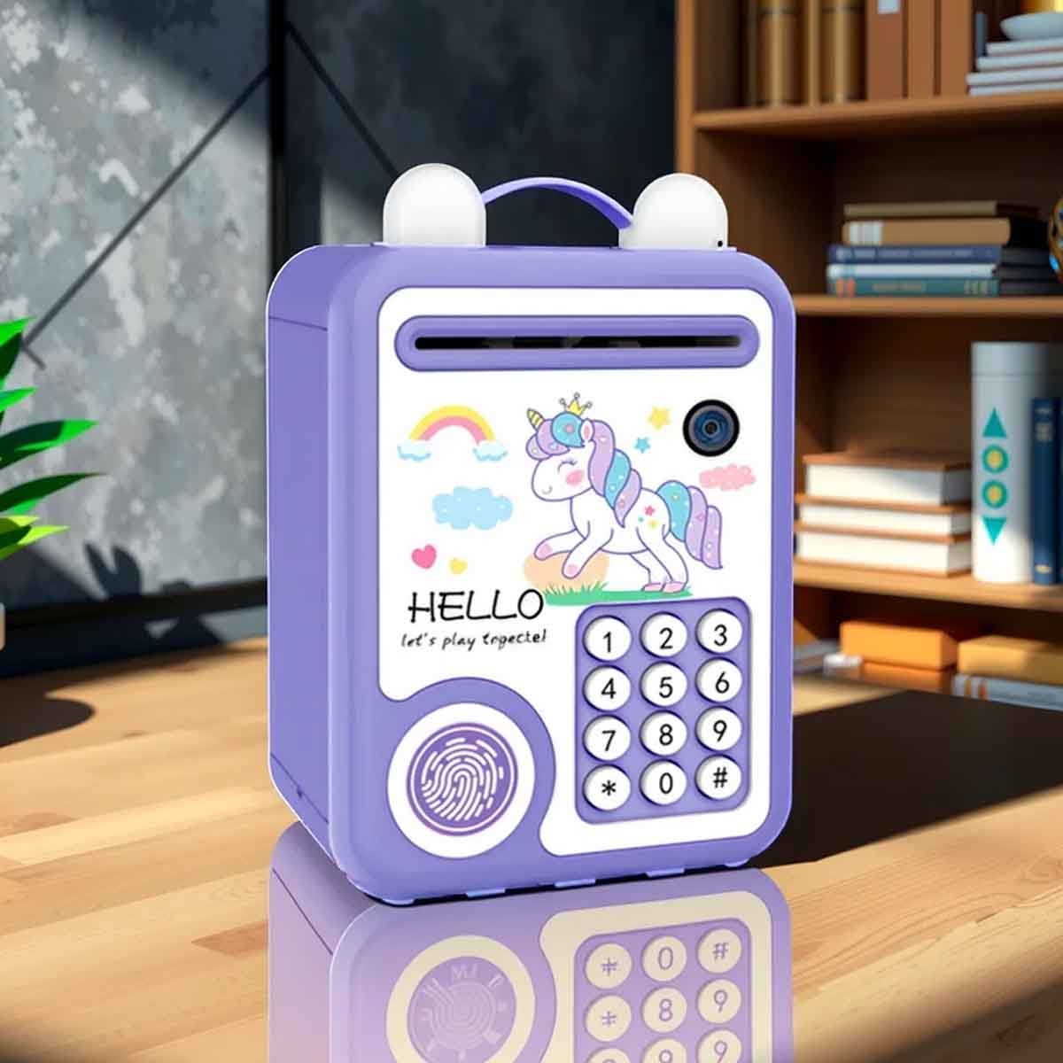 ليتل ستوري حصالة بشكل يونيكورن باللون الأرجواني مع قفل بصمة وموسيقى