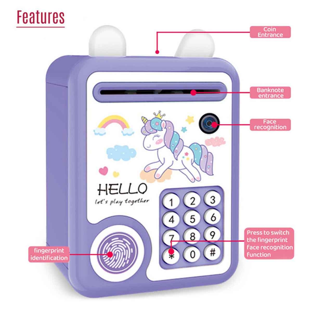 ليتل ستوري حصالة بشكل يونيكورن باللون الأرجواني مع قفل بصمة وموسيقى