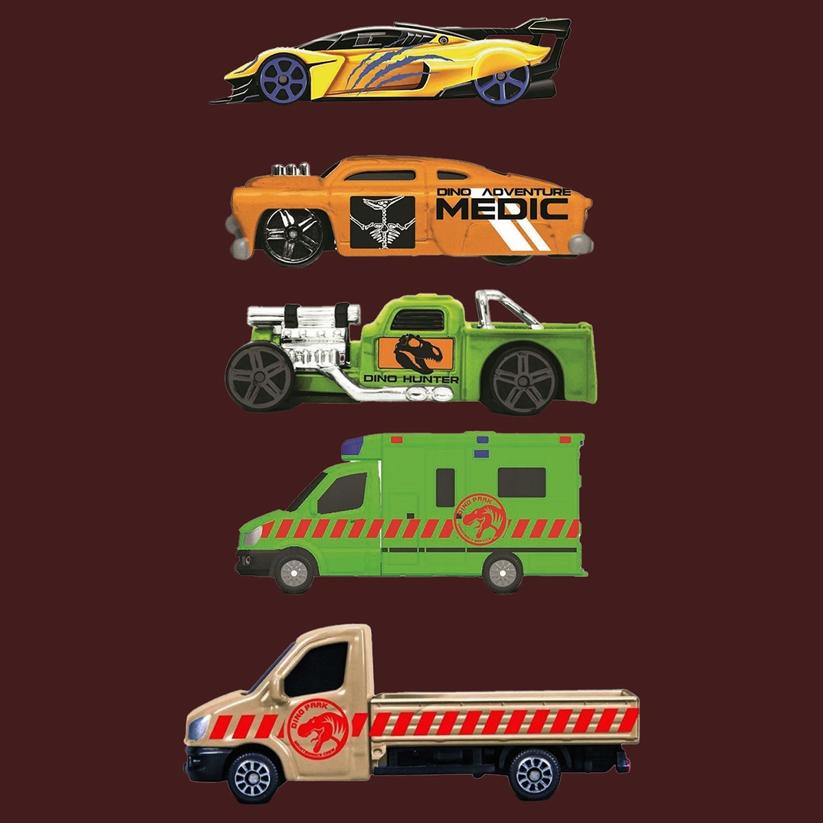 مايستو سيارات دايكاست صغيرة مغامرة الديناصور بحجم 3 إنش، مجموعة من 5 للأولاد، 3-4 سنوات