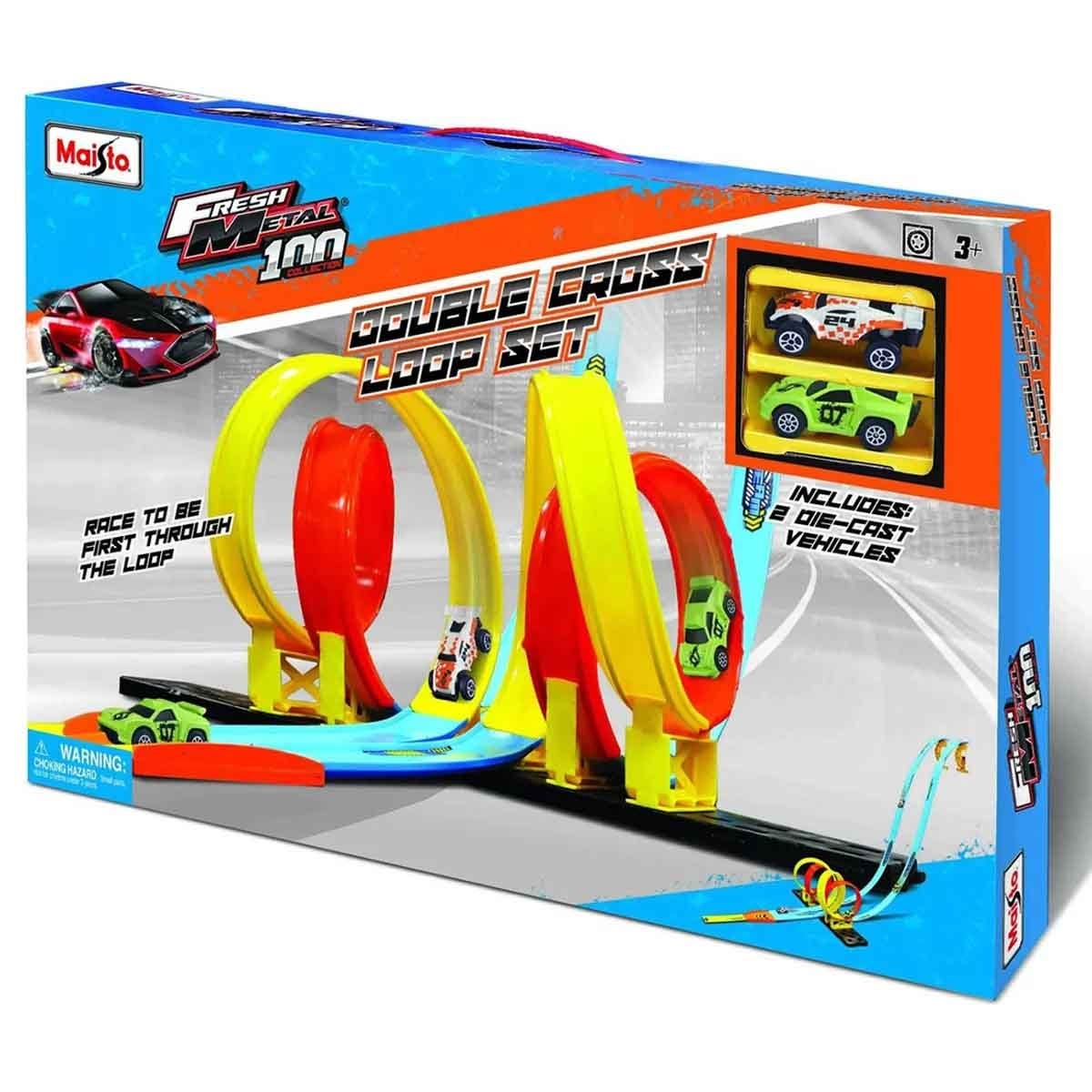 Maisto Fresh Metal 100 Double Cross Loop Car Playset & Fresh Metal Diecast Vehicle Bundle Boys, 3-4 Years