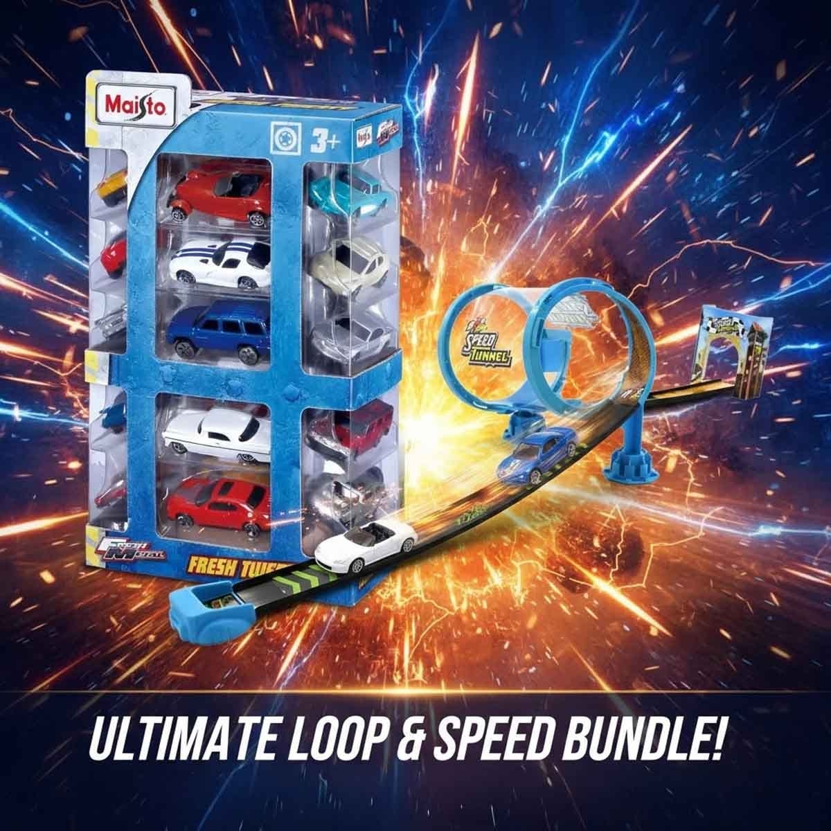 Maisto NXS Racers Speed Tunnel Car Track Playset & Fresh Metal Diecast Vehicle Bundle Boys, 3-4 Years