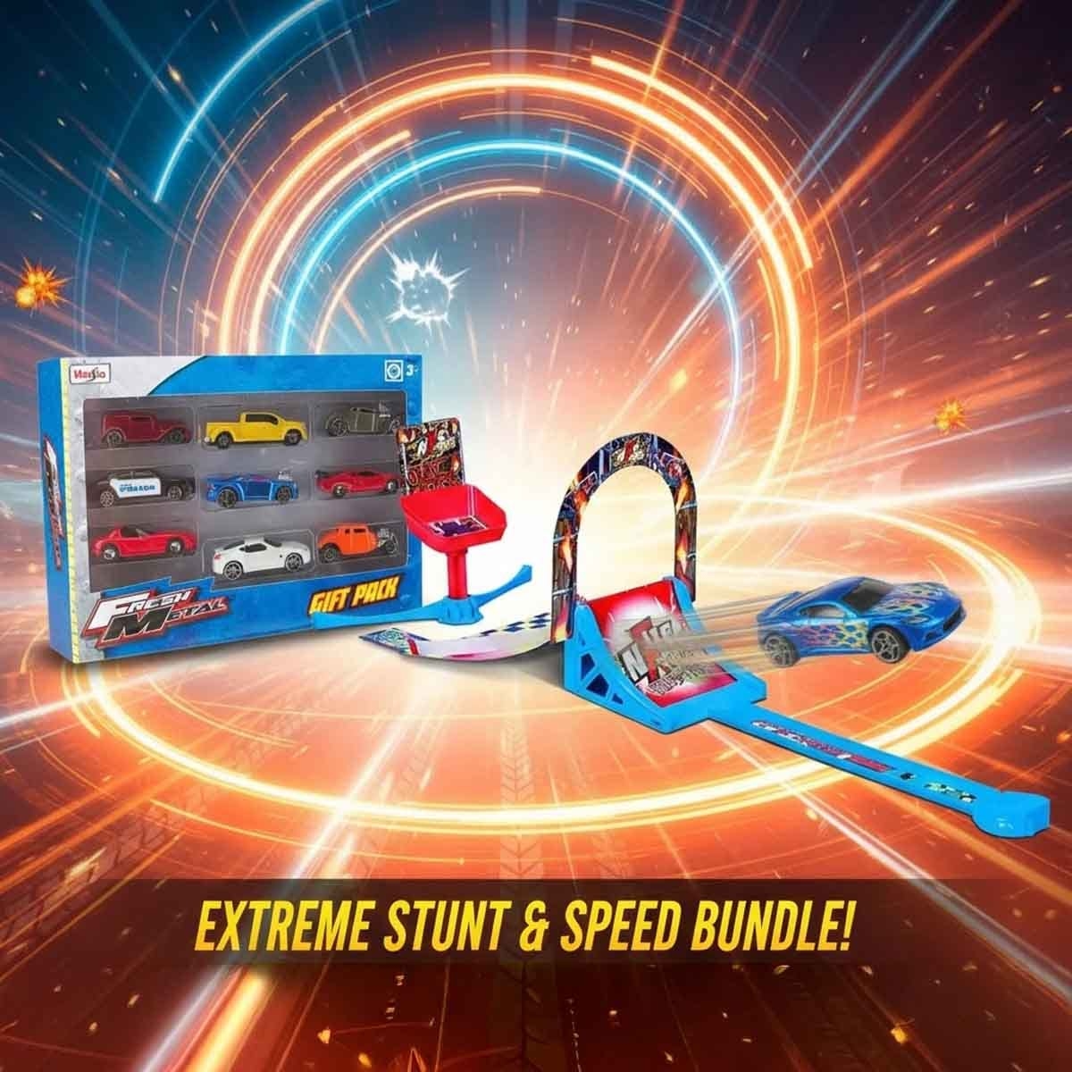 Maisto NXS Racers Stunt Park Car Track Playset & Fresh Metal Diecast Car Bundle Boys, 3-4 Years
