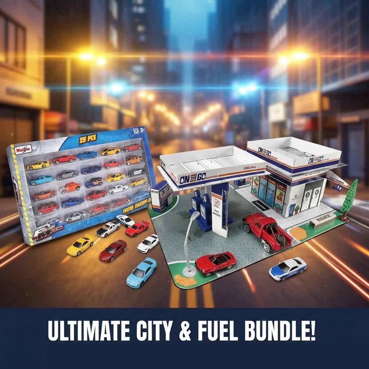 Maisto Play Places Build-N-Play Gas Station Playset & Fresh Metal Diecast Car Bundle Boys, 3-4 Years