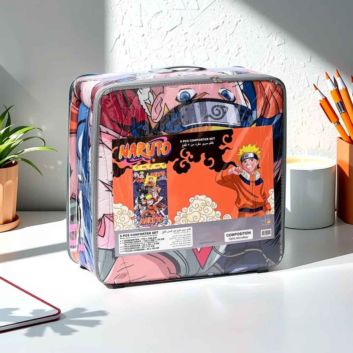 ناروتو طقم لحاف مكون من 5 قطع من ألياف دقيقة مفرشة باللون البرتقالي مع غلاف بوليستر