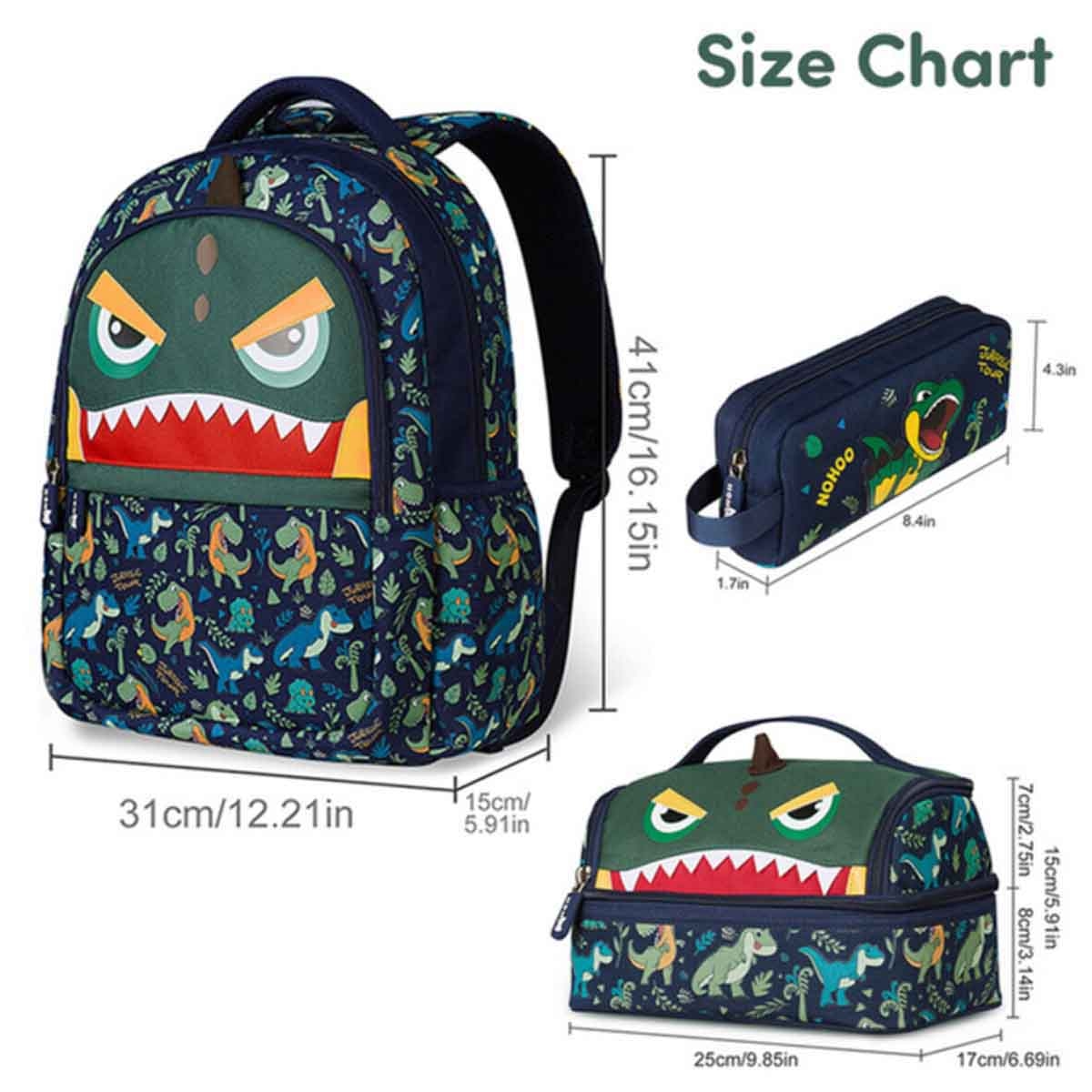 Nohoo Kids 16" Dino 3-in-1 School Bag with Lunch Bag & Pencil Case