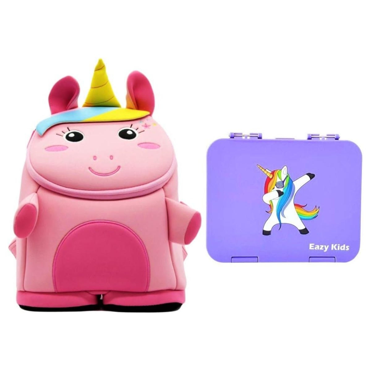 نوهو حقيبة يونيكورن ثلاثية الأبعاد باللون البنفسجي مع علبة غداء بنتو للجنسين من عمر 3 إلى 4 سنوات
