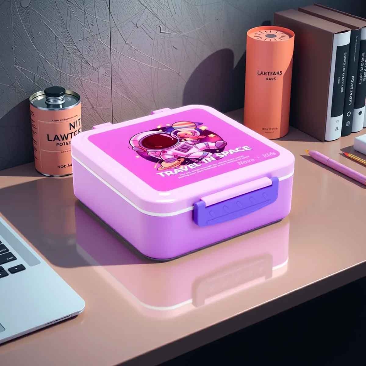 نوفا كيدز صندوق غداء بنتو بسعة 1.5 لتر بتصميم رائد فضاء بثلاثة أقسام مع مجموعة ملعقة وشوكة وصندوق صلصة