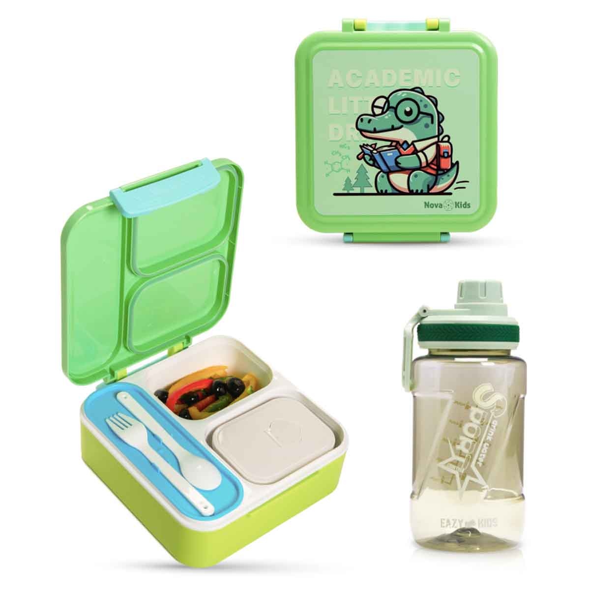 نوفا كيدز صندوق غداء بنتو بسعة 1.5 لتر بتصميم دينو بثلاثة أقسام مع زجاجة ماء ومجموعة ملعقة وشوكة