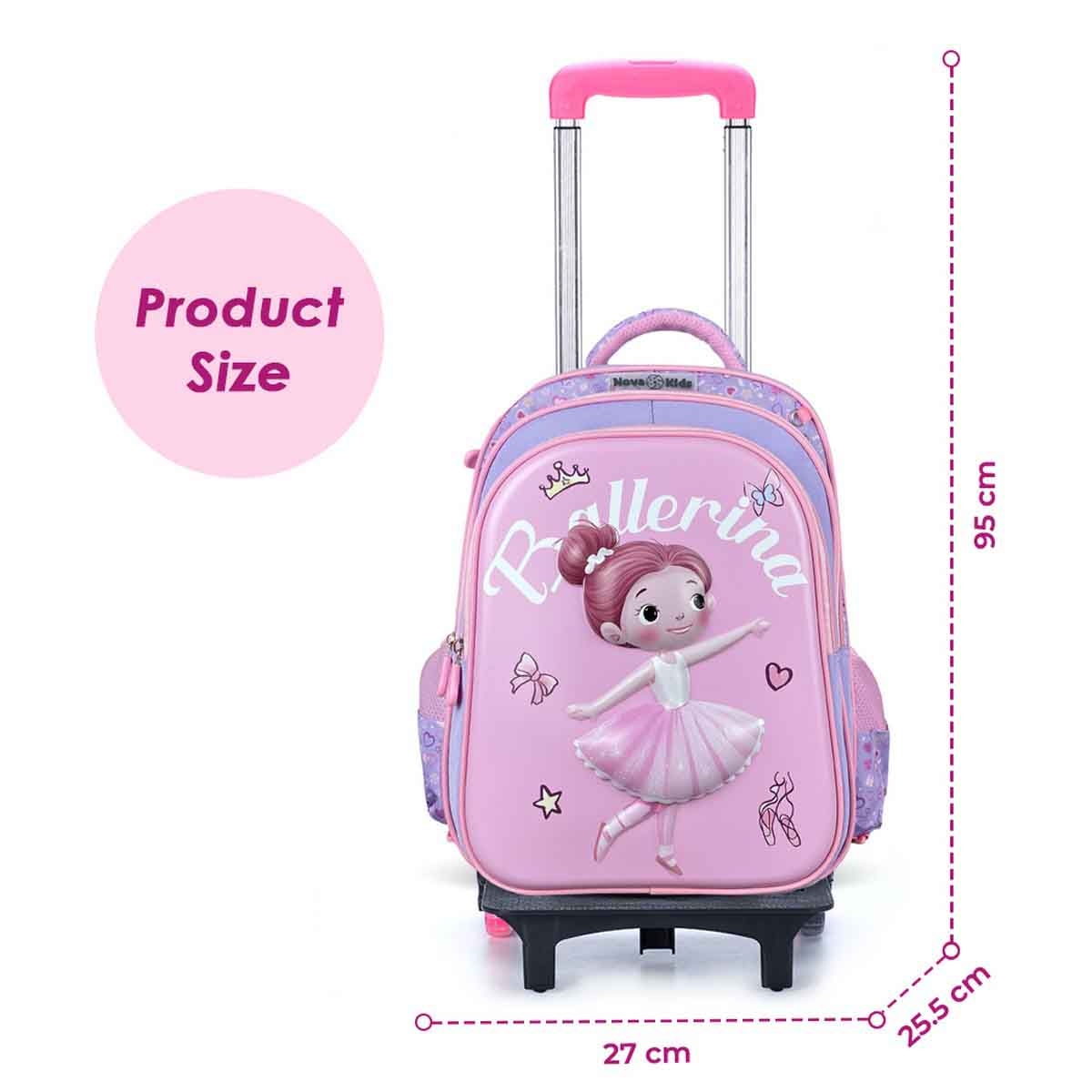نوفا كيدز حقيبة مدرسية ثلاثية الأبعاد مقاس 16.5 إنش بتصميم باليرينا مع عربة