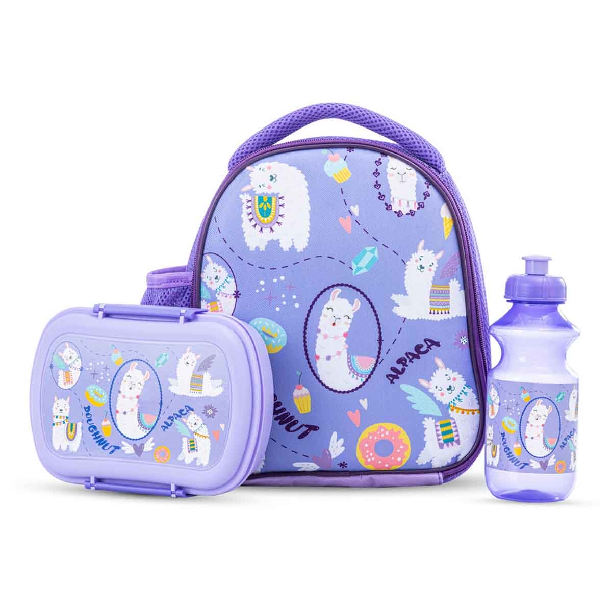 Nova Kids Lama Purple Lunch Bag Combo with Lunch Box & Water Bottle