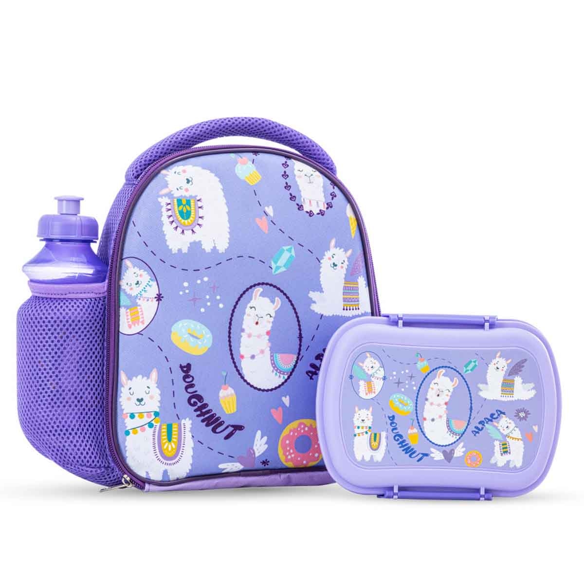 Nova Kids Lama Purple Lunch Bag Combo with Lunch Box & Water Bottle