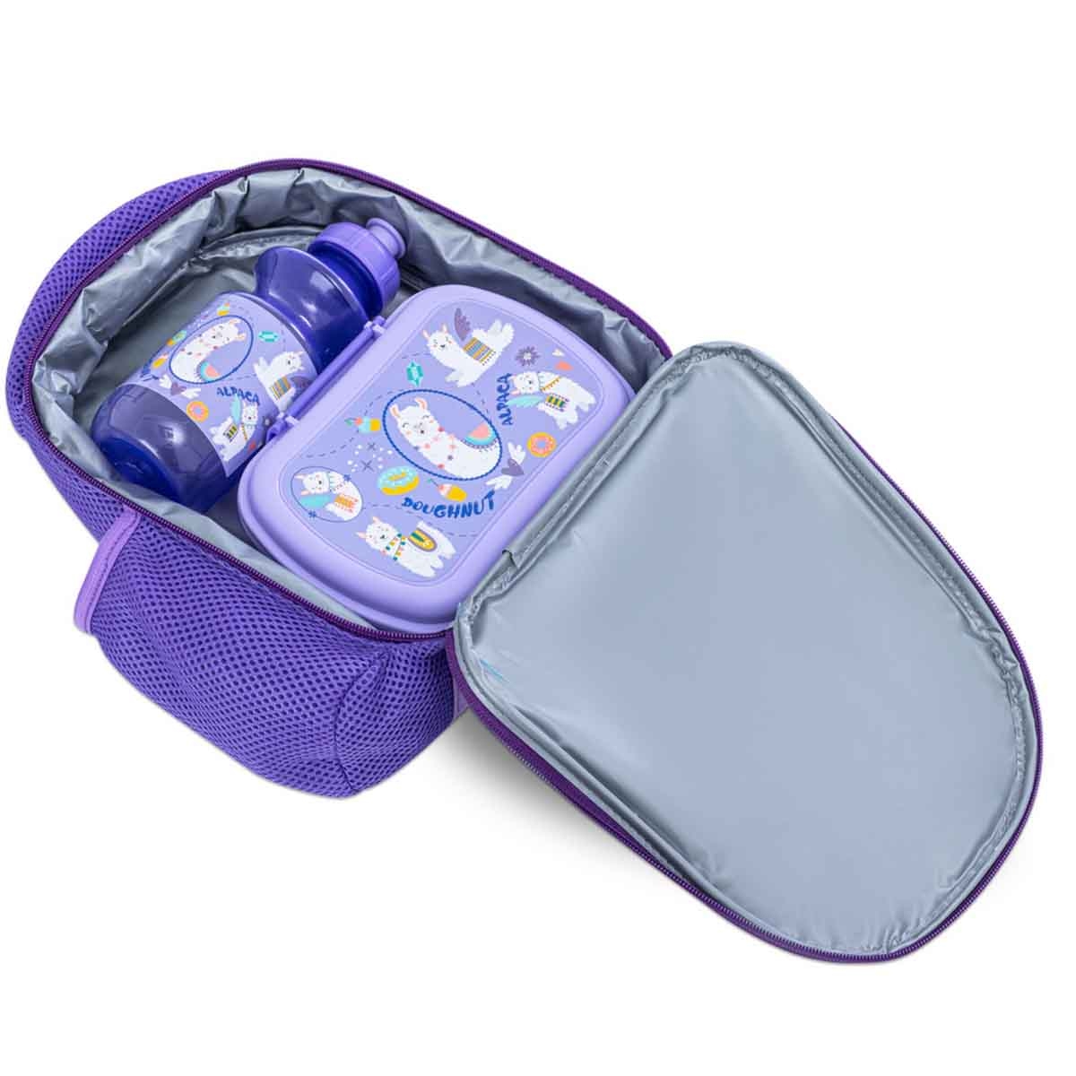Nova Kids Lama Purple Lunch Bag Combo with Lunch Box & Water Bottle