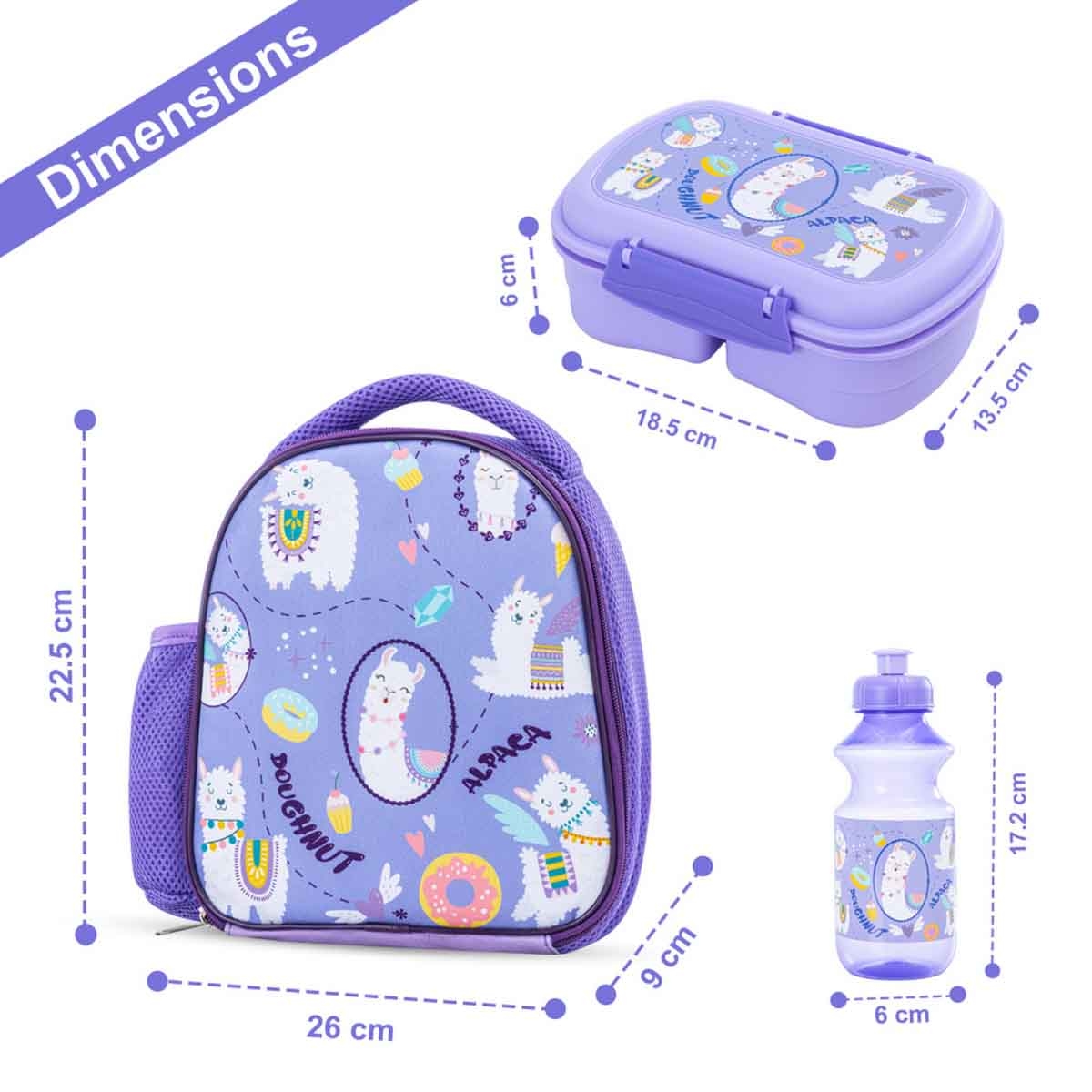 Nova Kids Lama Purple Lunch Bag Combo with Lunch Box & Water Bottle