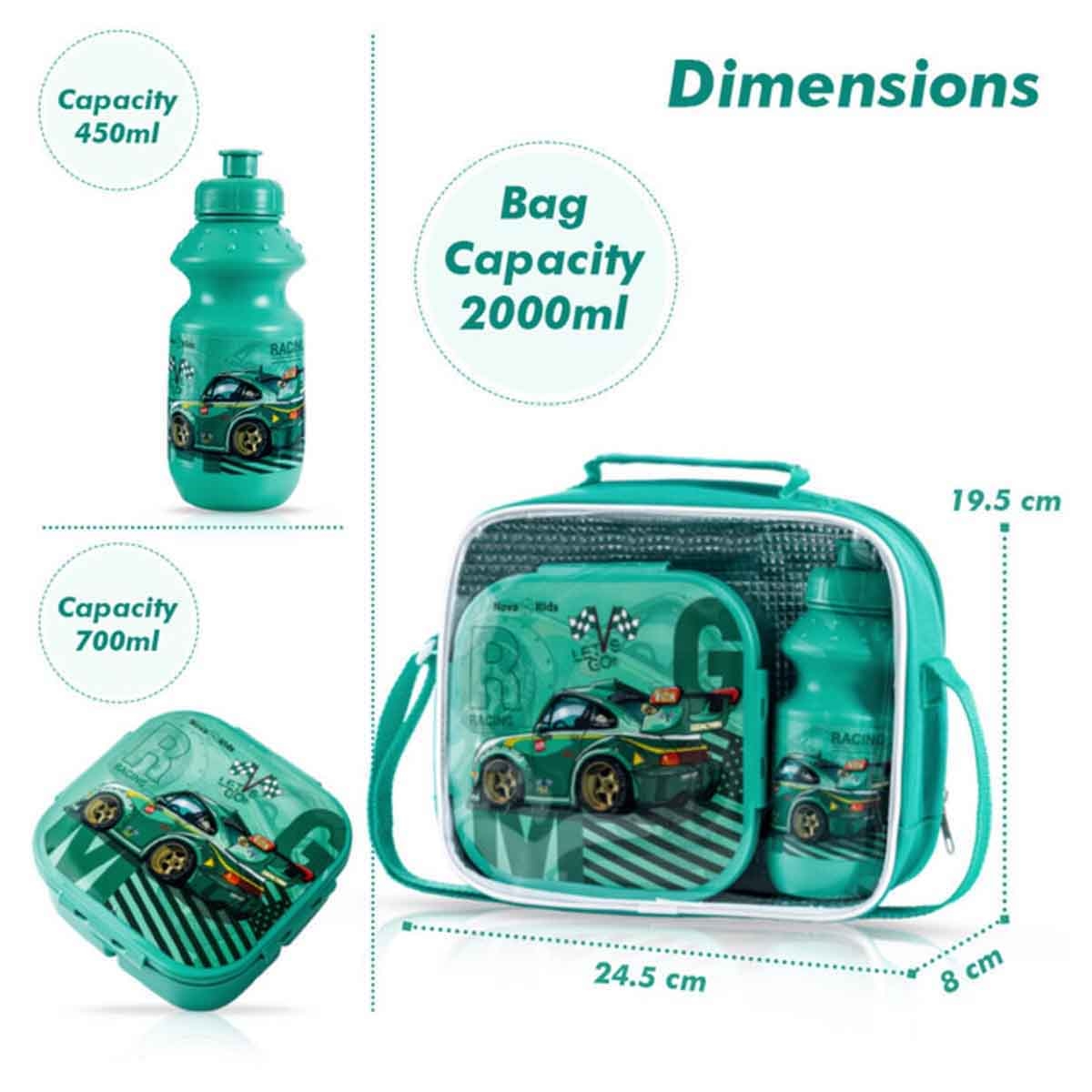 نوفا كيدز علبة غداء وزجاجة ماء مع حقيبة غداء باللون الأخضر ريسنغ