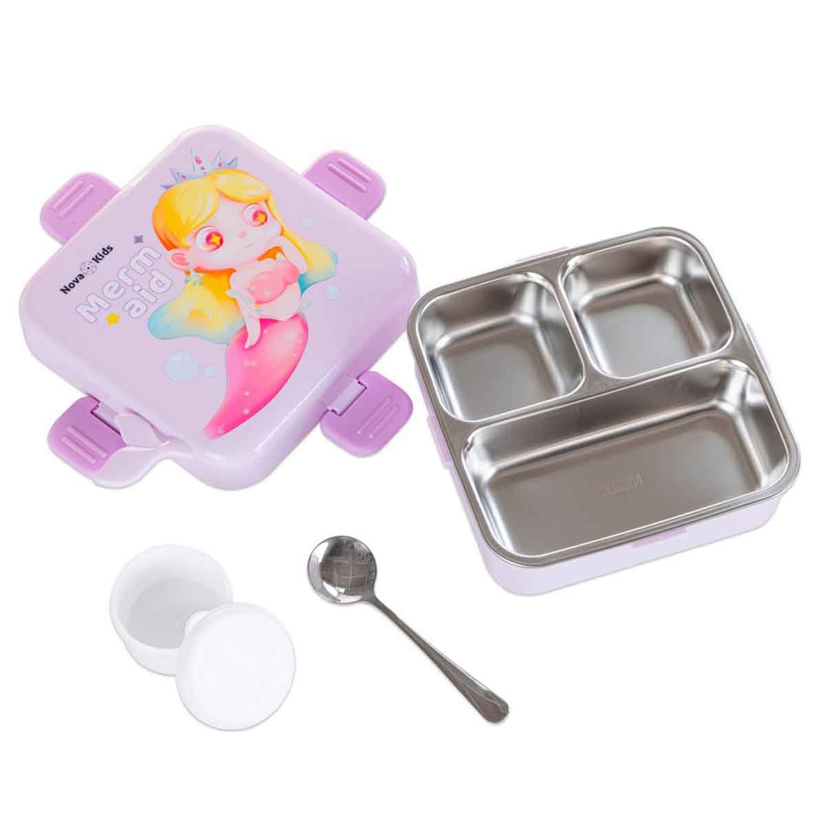 نوفا كيدز صندوق غداء بنتو بسعة 1.5 لتر بتصميم ميرميد بثلاثة أقسام مع مجموعة ملعقة وصندوق صلصة