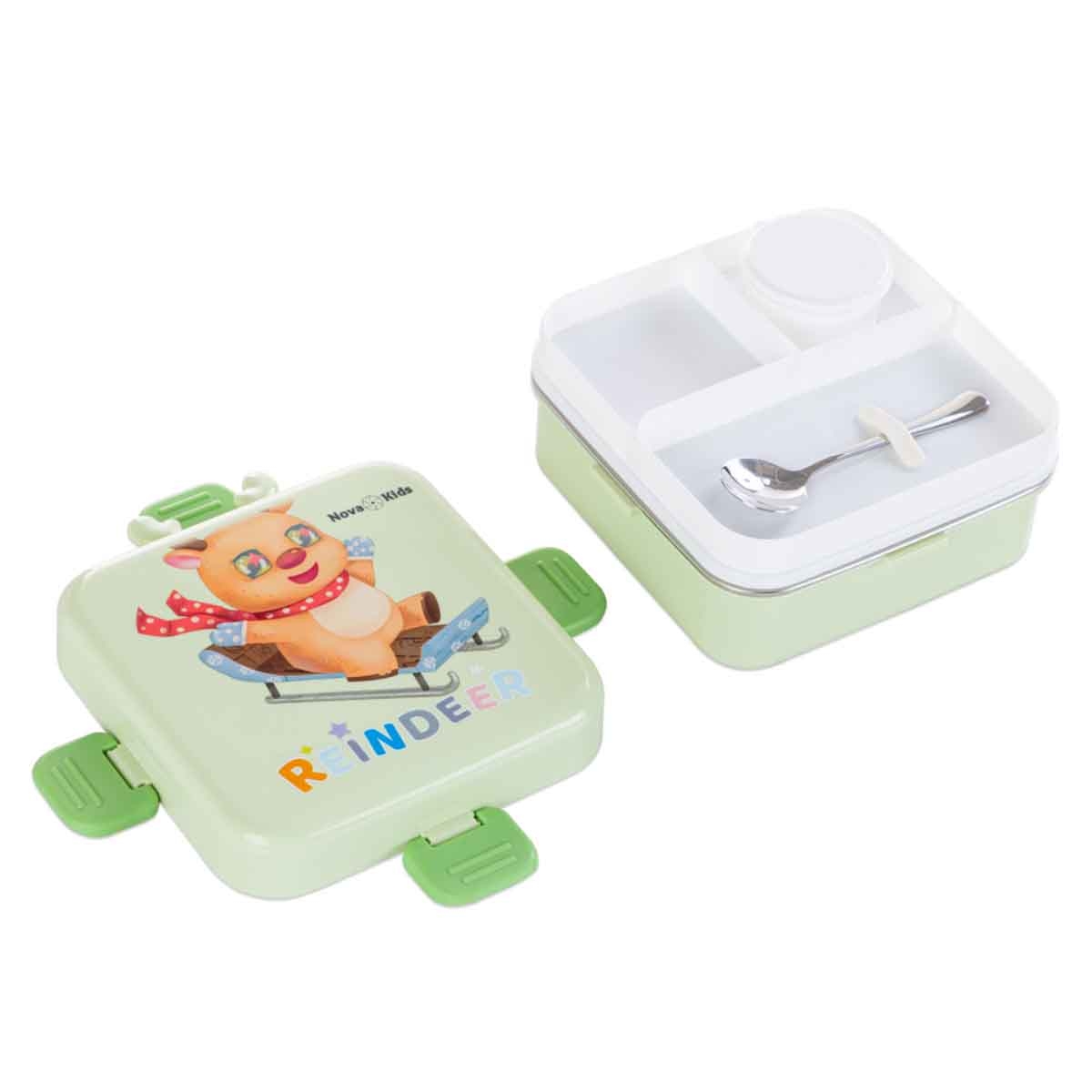 Nova Kids 1.5L Reindeer 3-Compartment Bento Lunch Box with Water Bottle, Spoon & Sauce Box