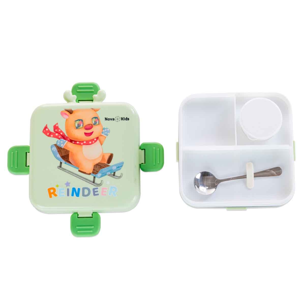 Nova Kids 1.5L Reindeer 3-Compartment Bento Lunch Box with Water Bottle, Spoon & Sauce Box