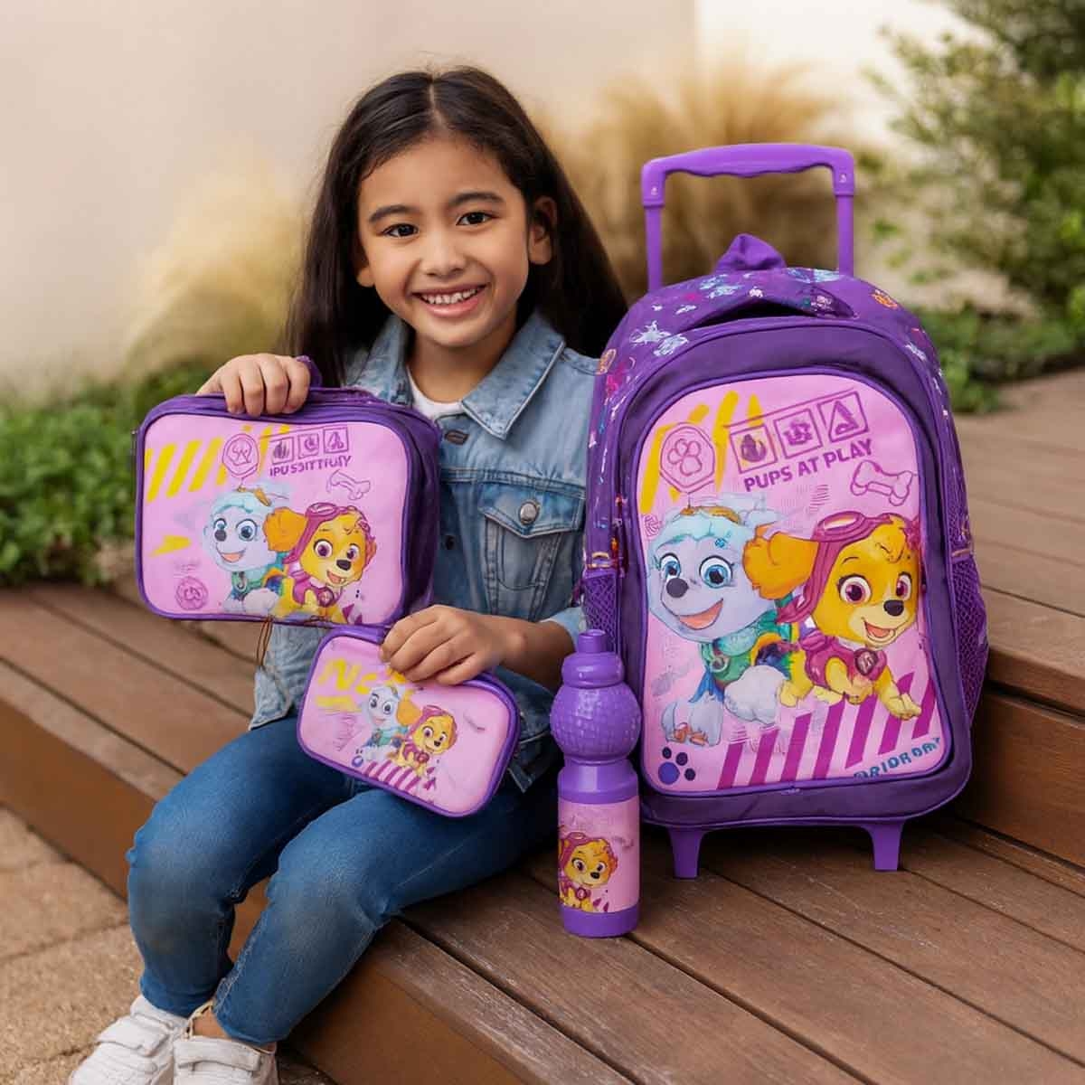 باو باترول مجموعة حقيبة ترولي مقاس 18 انش مع حقيبة غداء ومقلمة وزجاجة مياه وصندوق طعام