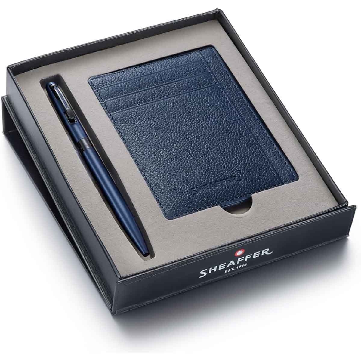 شيفر طقم هدية قلم 100 أزرق مطفي مع لمسات سوداء PVD حبر جاف مع حامل بطاقات سافاير نايت