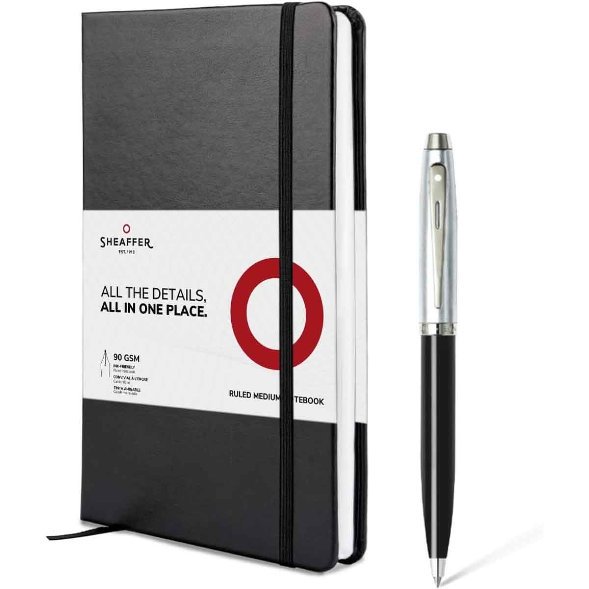 شيفر طقم هدية قلم 100 أسود لامع وكروم مصقول حبر جاف مع دفتر A5