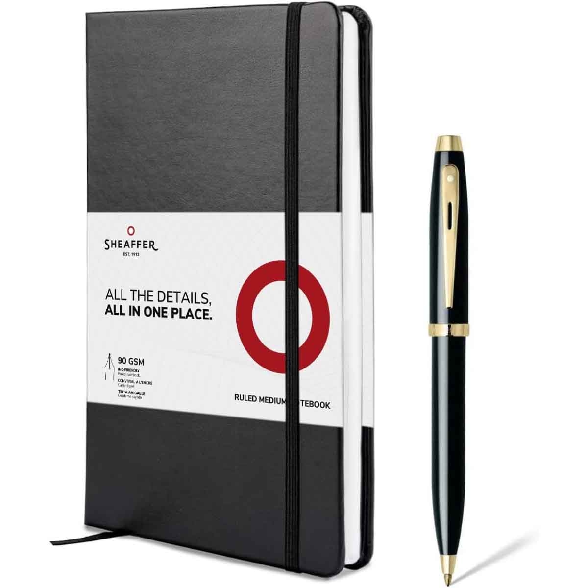 Sheaffer 100 E9322 Glossy Black with Gold Tone Trims Ballpoint Pen with A5 Notebook Gift Set