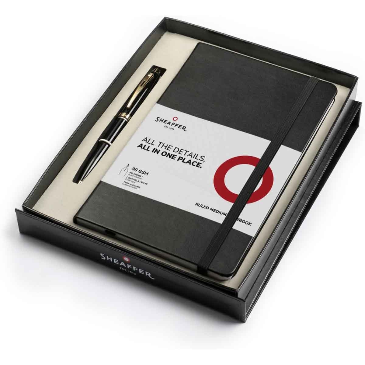 Sheaffer 100 E9322 Glossy Black with Gold Tone Trims Ballpoint Pen with A5 Notebook Gift Set