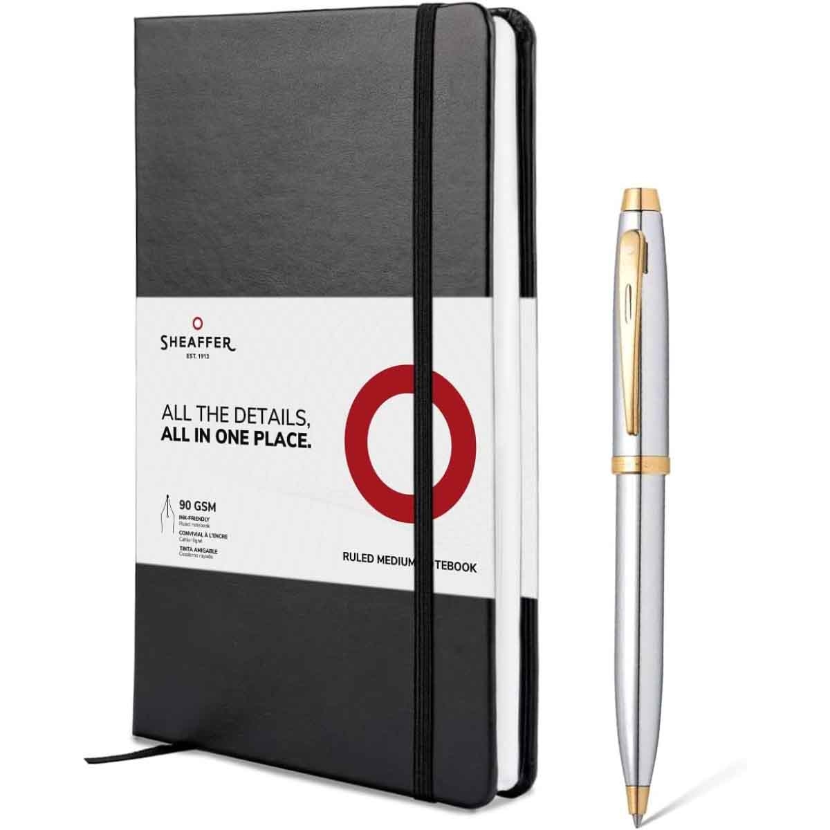 شيفر طقم هدية قلم 100 كروم لامع مع لمسات ذهبية حبر جاف مع دفتر A5