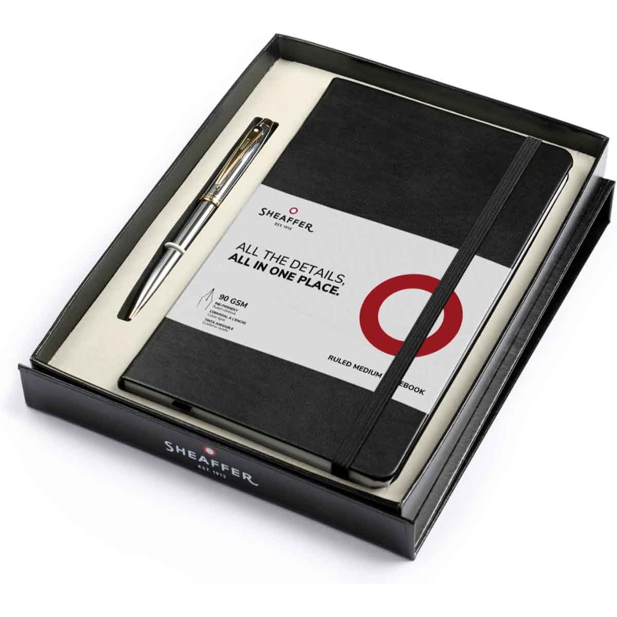 شيفر طقم هدية قلم 100 كروم لامع مع لمسات ذهبية حبر جاف مع دفتر A5