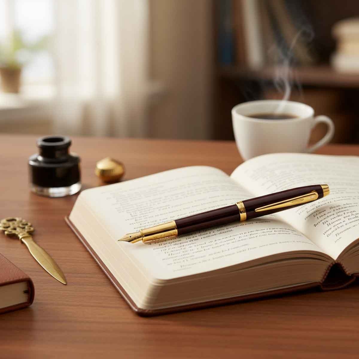 شيفر قلم 100 بني قهوة مع لمسات ذهبية PVD ريشة دقيقة