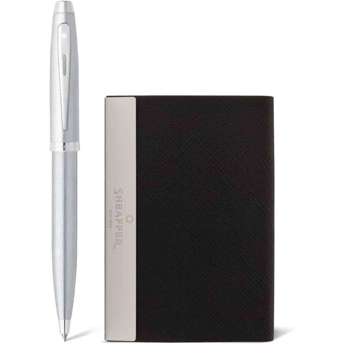 شيفر طقم هدية قلم 100 كروم مصقول حبر جاف مع حامل بطاقات أعمال