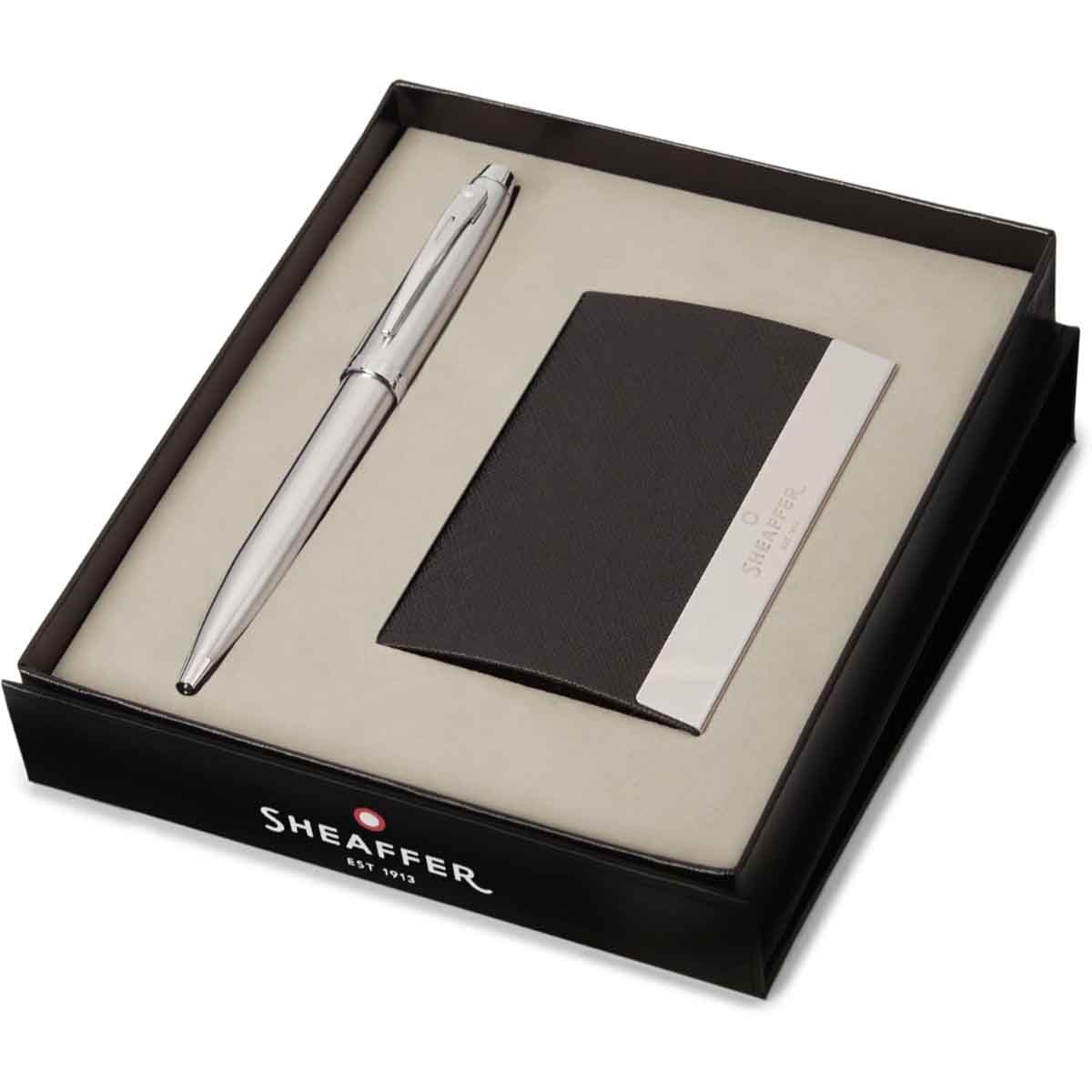 شيفر طقم هدية قلم 100 كروم مصقول حبر جاف مع حامل بطاقات أعمال