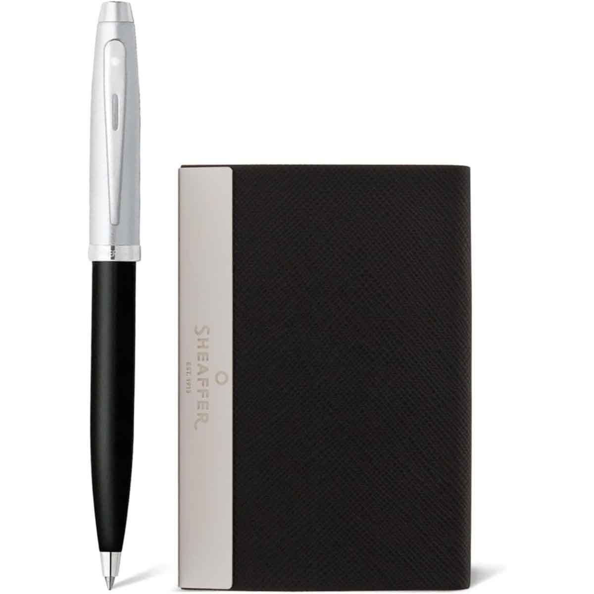 Sheaffer 100 G9313 Glossy Black & Brushed Chrome Ballpoint Pen with Business Card Holder Gift Set