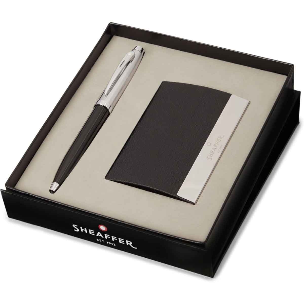 Sheaffer 100 G9313 Glossy Black & Brushed Chrome Ballpoint Pen with Business Card Holder Gift Set