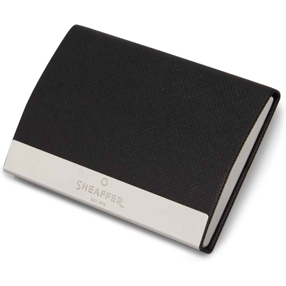 Sheaffer 100 G9313 Glossy Black & Brushed Chrome Ballpoint Pen with Business Card Holder Gift Set