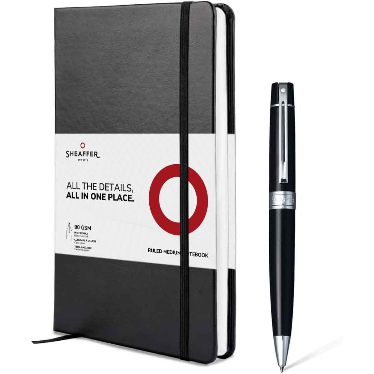 شيفر طقم هدية قلم 300 أسود لامع حبر جاف مع دفتر A5