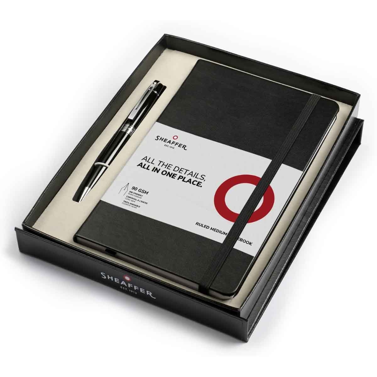 شيفر طقم هدية قلم 300 أسود لامع حبر جاف مع دفتر A5