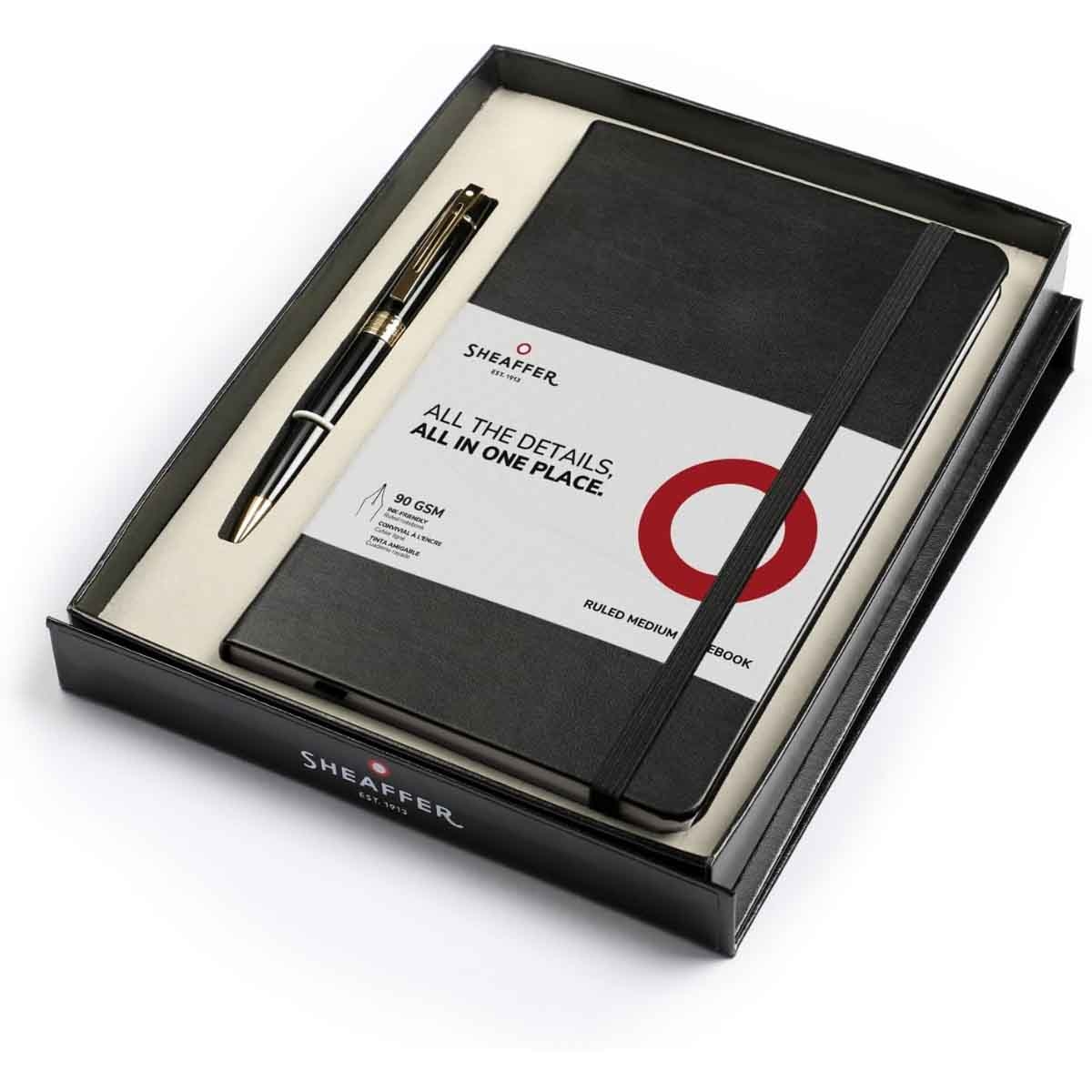شيفر طقم هدية قلم 300 أسود لامع مع لمسات ذهبية حبر جاف مع دفتر A5