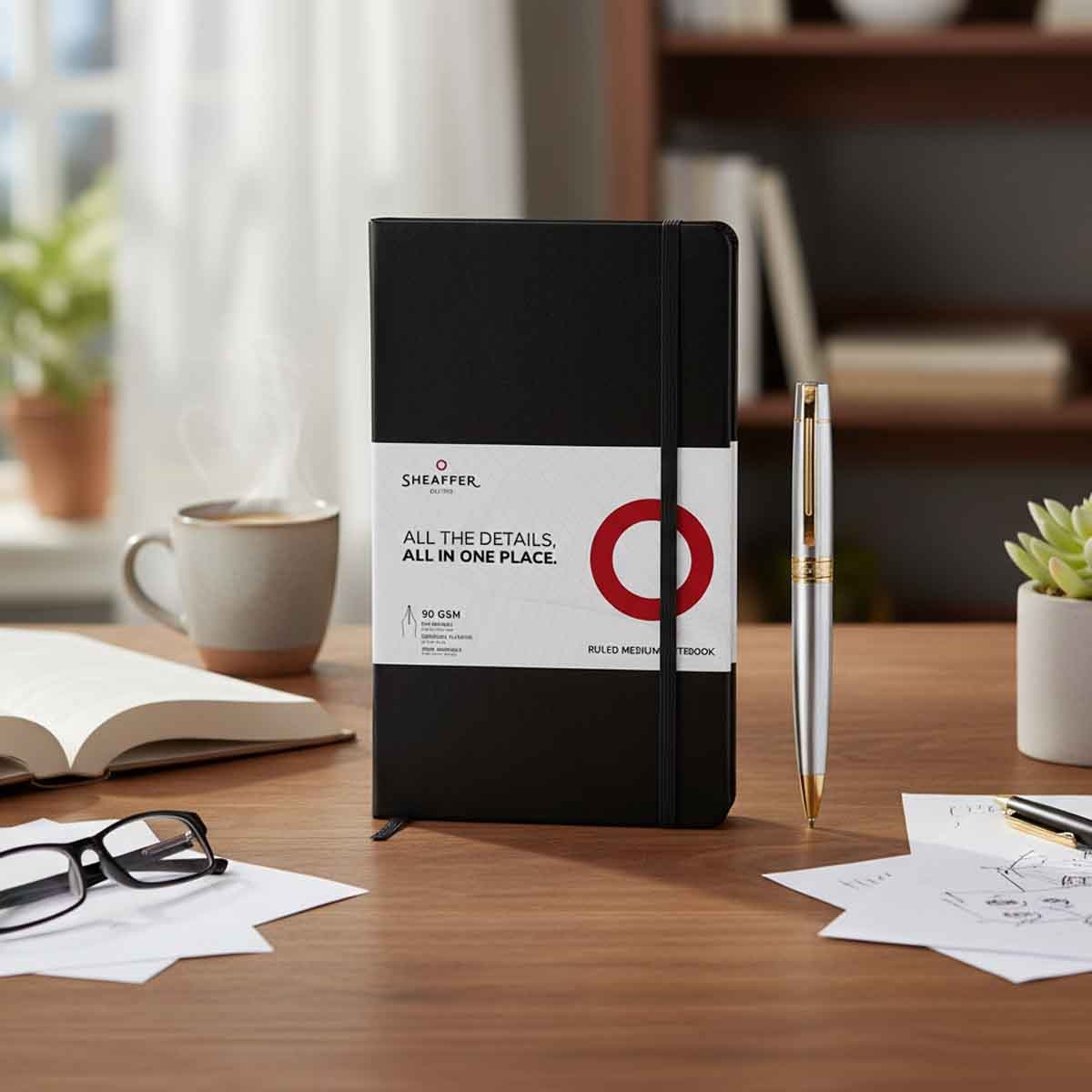 شيفر طقم هدية قلم 300 كروم لامع مع لمسات ذهبية حبر جاف مع دفتر A5