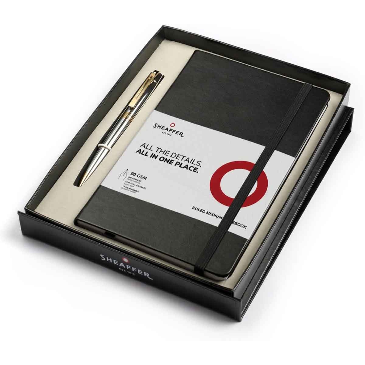 شيفر طقم هدية قلم 300 كروم لامع مع لمسات ذهبية حبر جاف مع دفتر A5