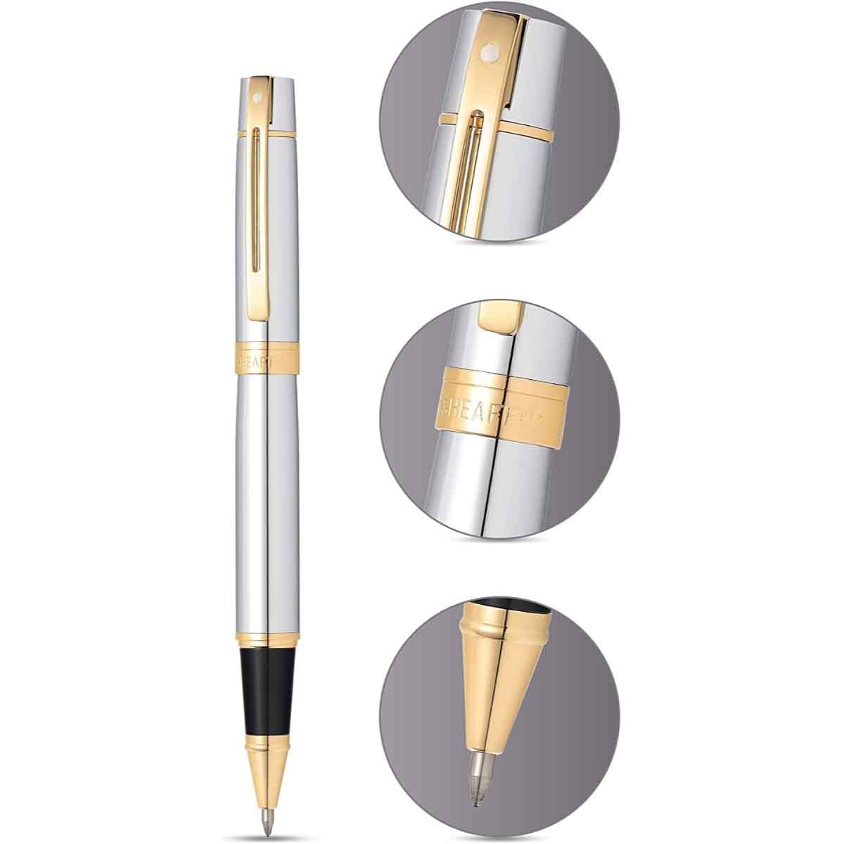 شيفر قلم 300 كروم لامع مع لمسات ذهبية حبر سائل