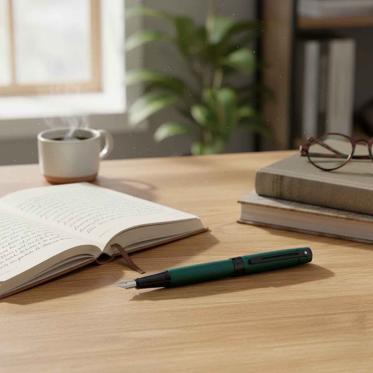 شيفر قلم 300 أخضر مطفي لاكيه مع لمسات سوداء مصقولة ريشة متوسطة