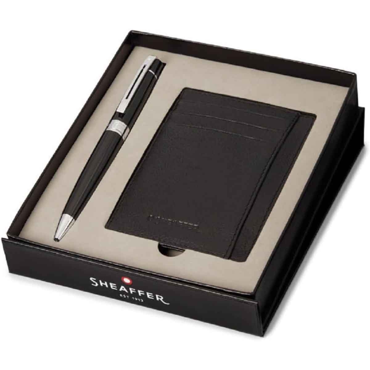 Sheaffer 300 G9312 Glossy Black Ballpoint Pen with Credit Card Holder Gift Set