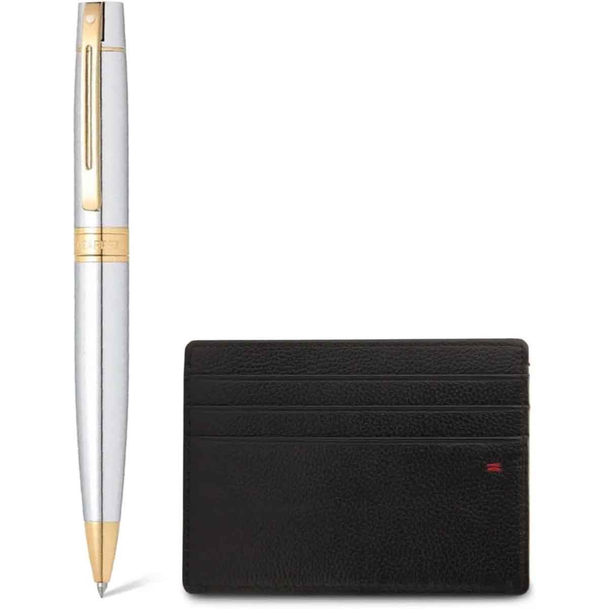 Sheaffer 300 G9342 Bright Chrome with Gold Tone Trims Ballpoint Pen with Credit Card Holder Gift Set