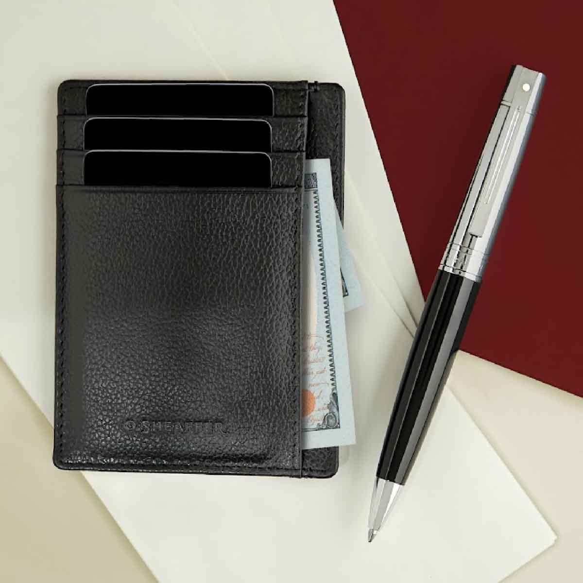 Sheaffer 300 G9342 Bright Chrome with Gold Tone Trims Ballpoint Pen with Credit Card Holder Gift Set