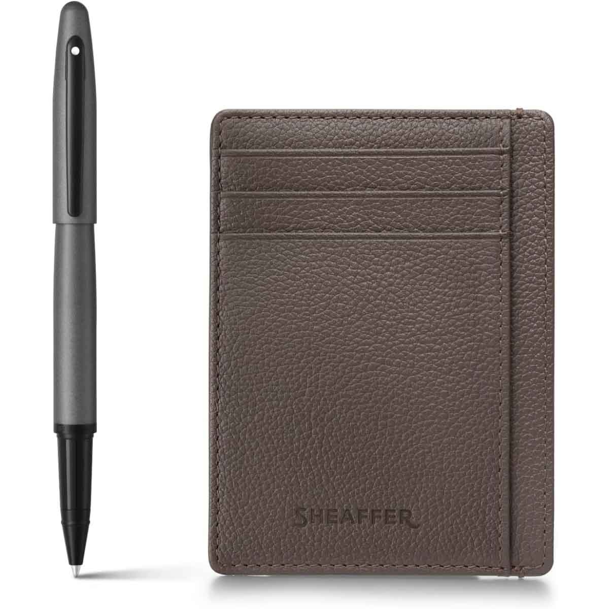 Sheaffer VFM 9424 Matt Grey Rollerball Pen with Driftwood Grey Credit Card Holder Gift Set